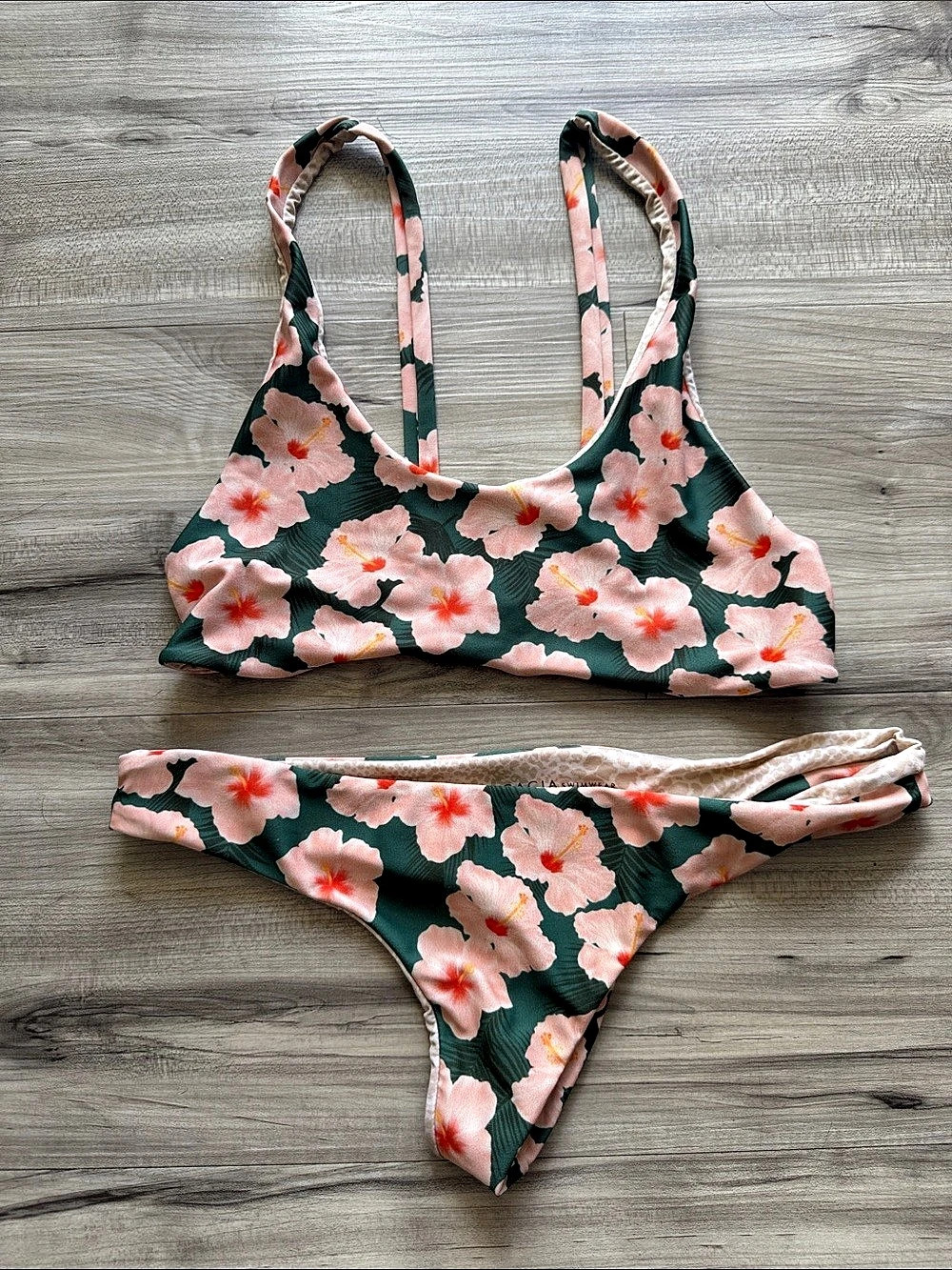 Acacia Napali Top and Ho'okipa Bottom Floral Bikini Set Green & Pink